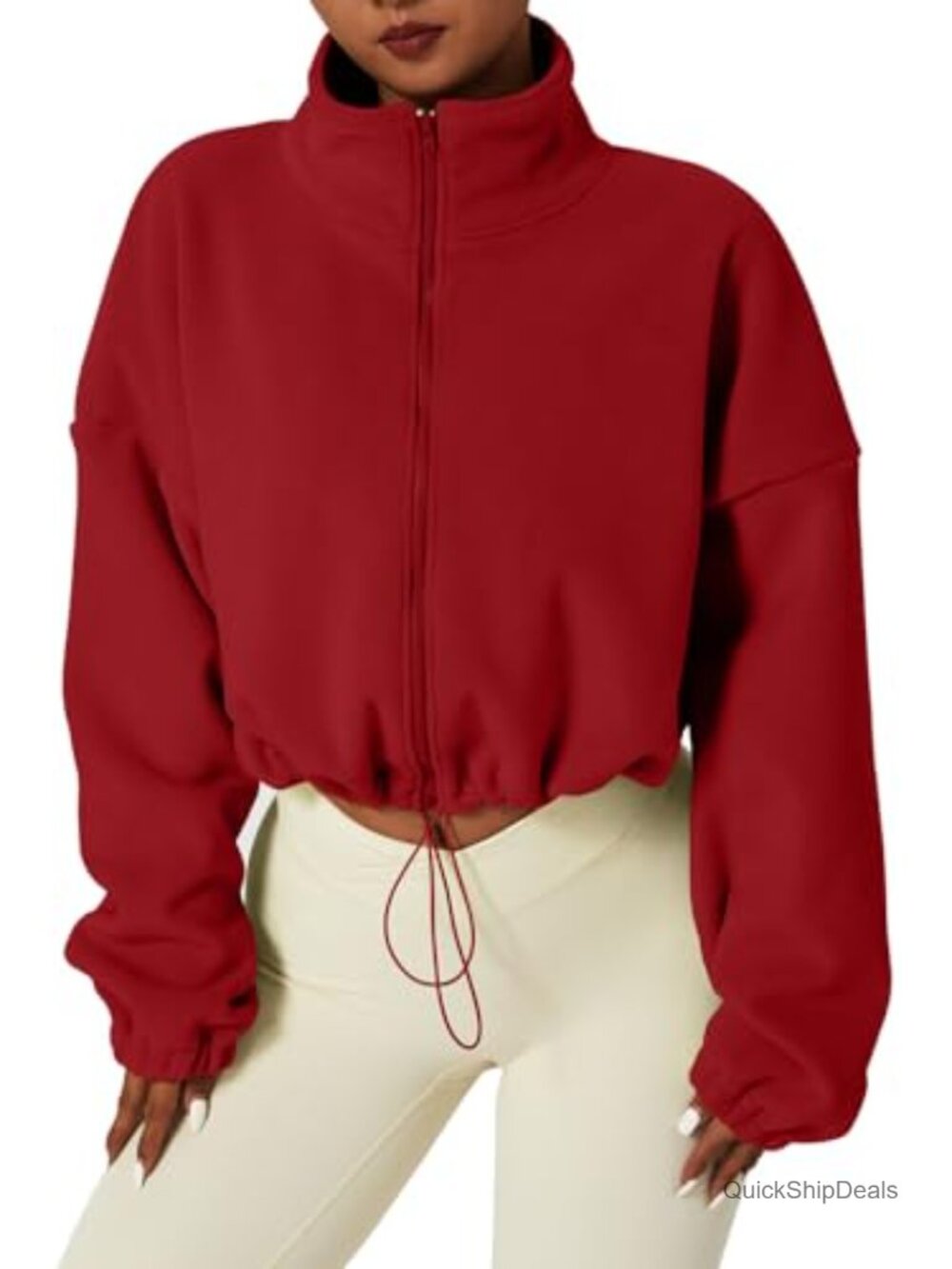Full Zip Fleece Crop Jacket Sherpa Stand Collar Warm Winter Coat